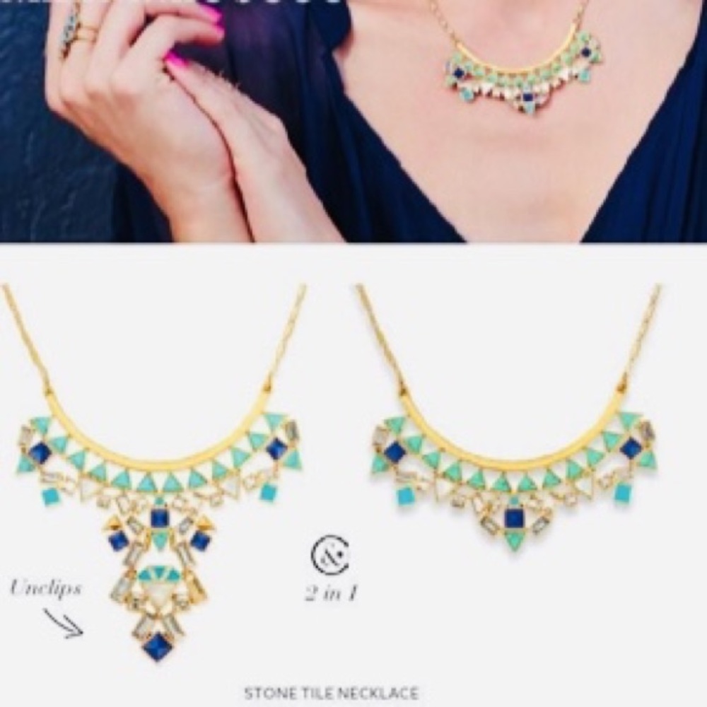 Stella & Dot [2-in-1] Turquoise & Gold Stone Tile NEW Statement Necklace - Picture 2 of 8